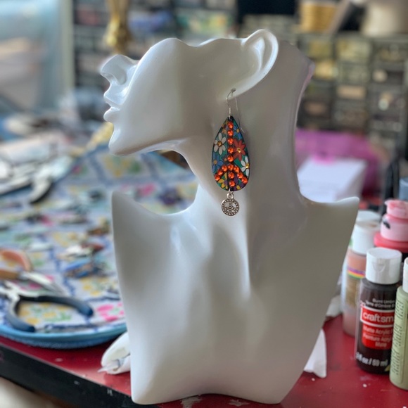 Large peace sign ☮️earrings, handpainted sterling wears OOAK statement piece - Picture 7 of 8